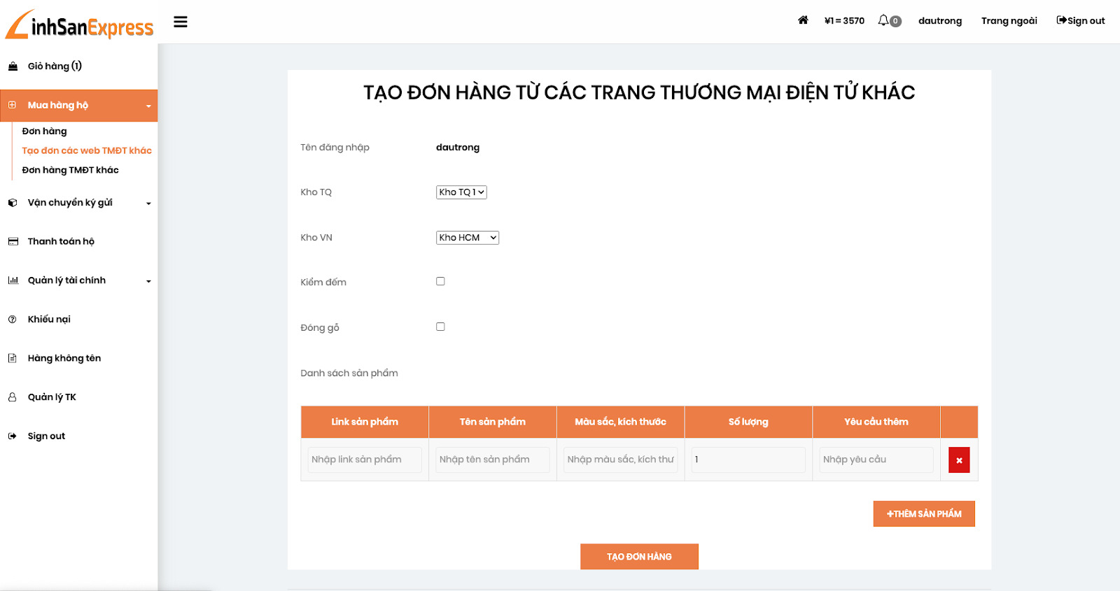 Tính năng tạo đơn hàng trên website TMĐT khác