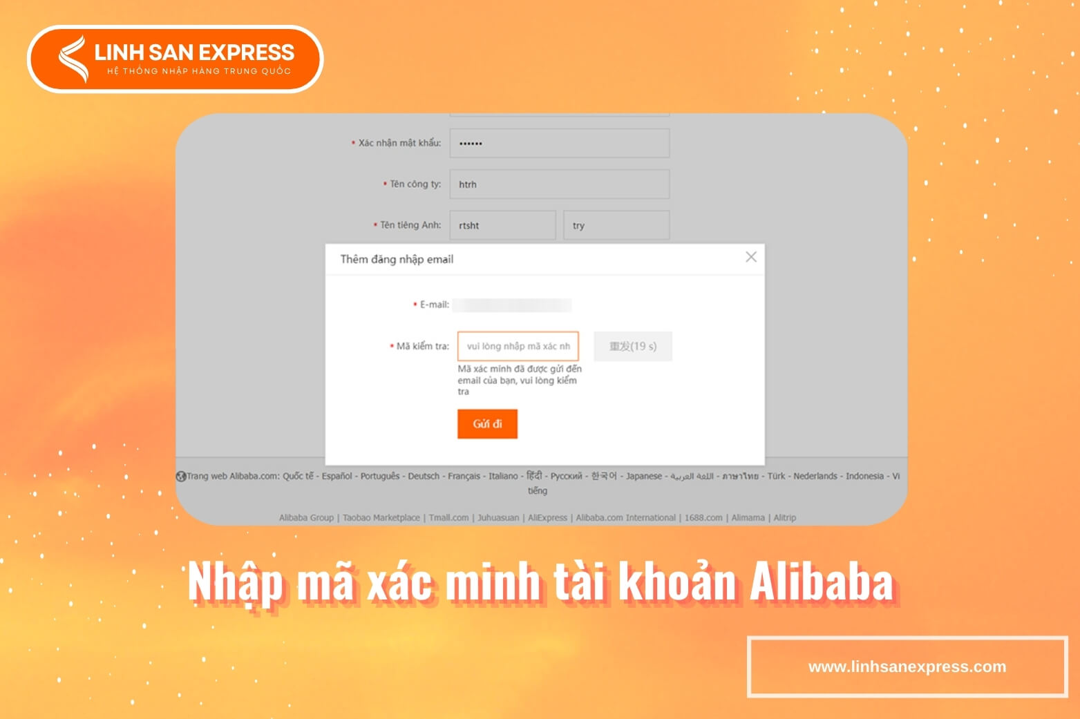 Nhập mã xác minh tài khoản Alibaba