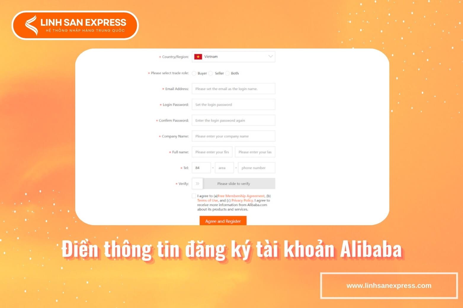 Nhập thông tin đăng ký tài khoản Alibaba